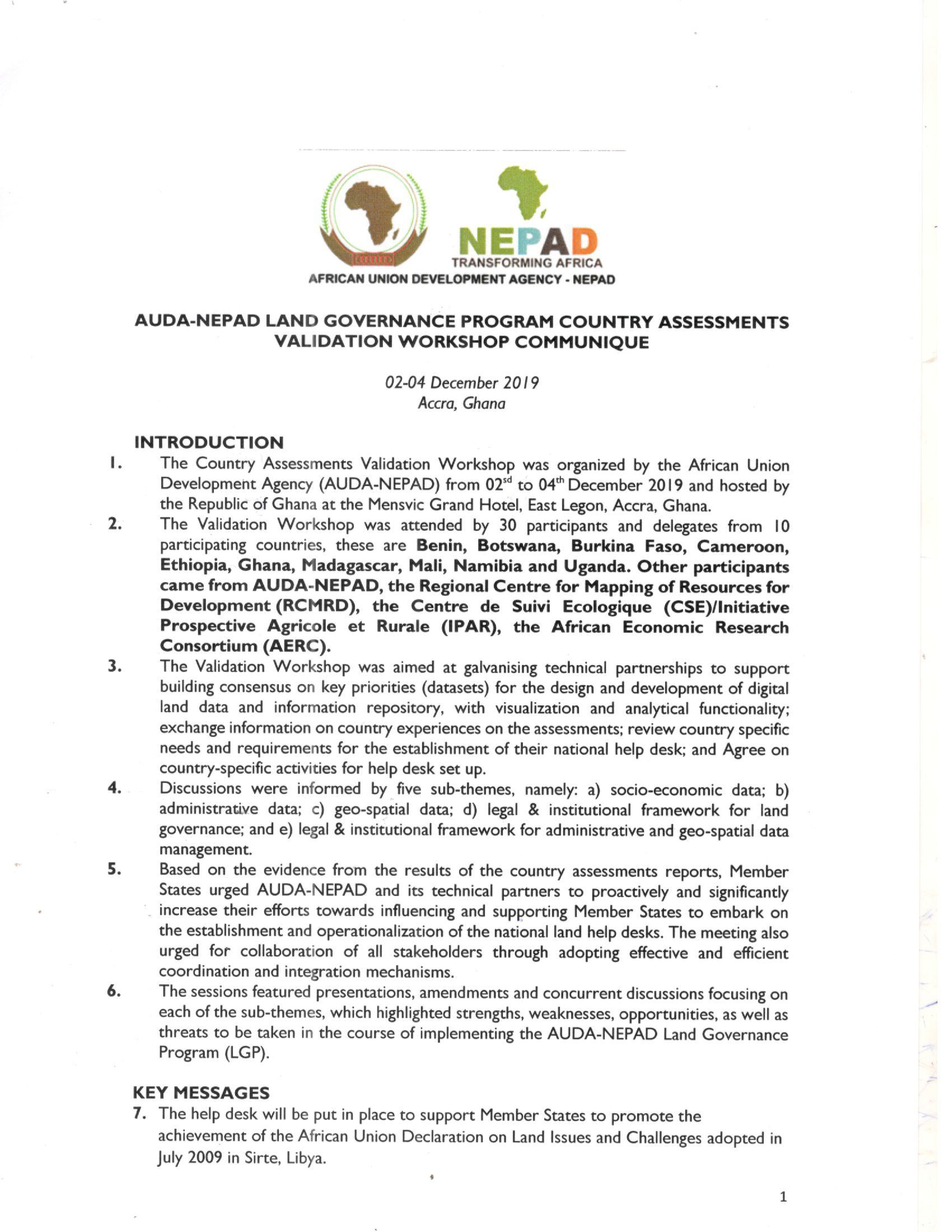 SIGNED FINAL COMMUNIQUE AUDA-NEPAD COUNTRY ASSESSMENTS VALIDATION WORKSHOP